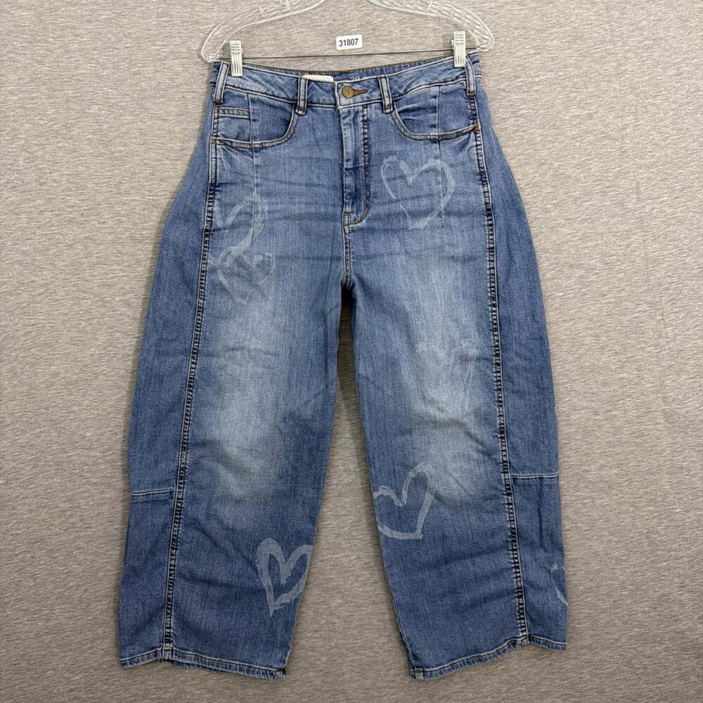 Pilcro Womens 28 Kenna Mid Rise Barrel Heart Print Light Wash Denim Jeans